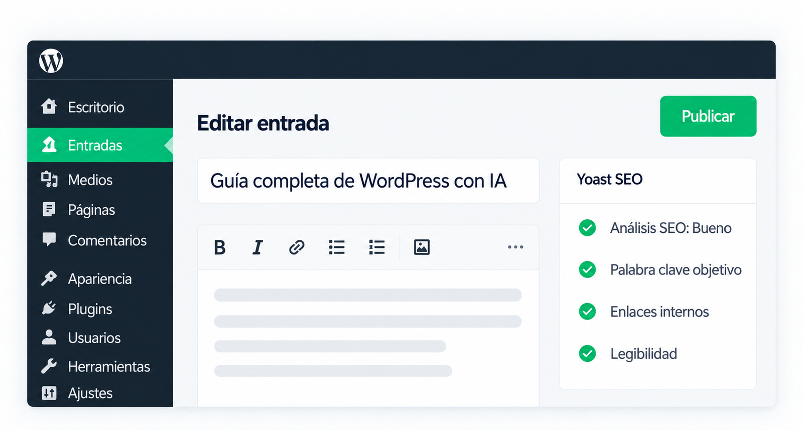 Panel de WordPress para editar una entrada y revisar el SEO con Yoast