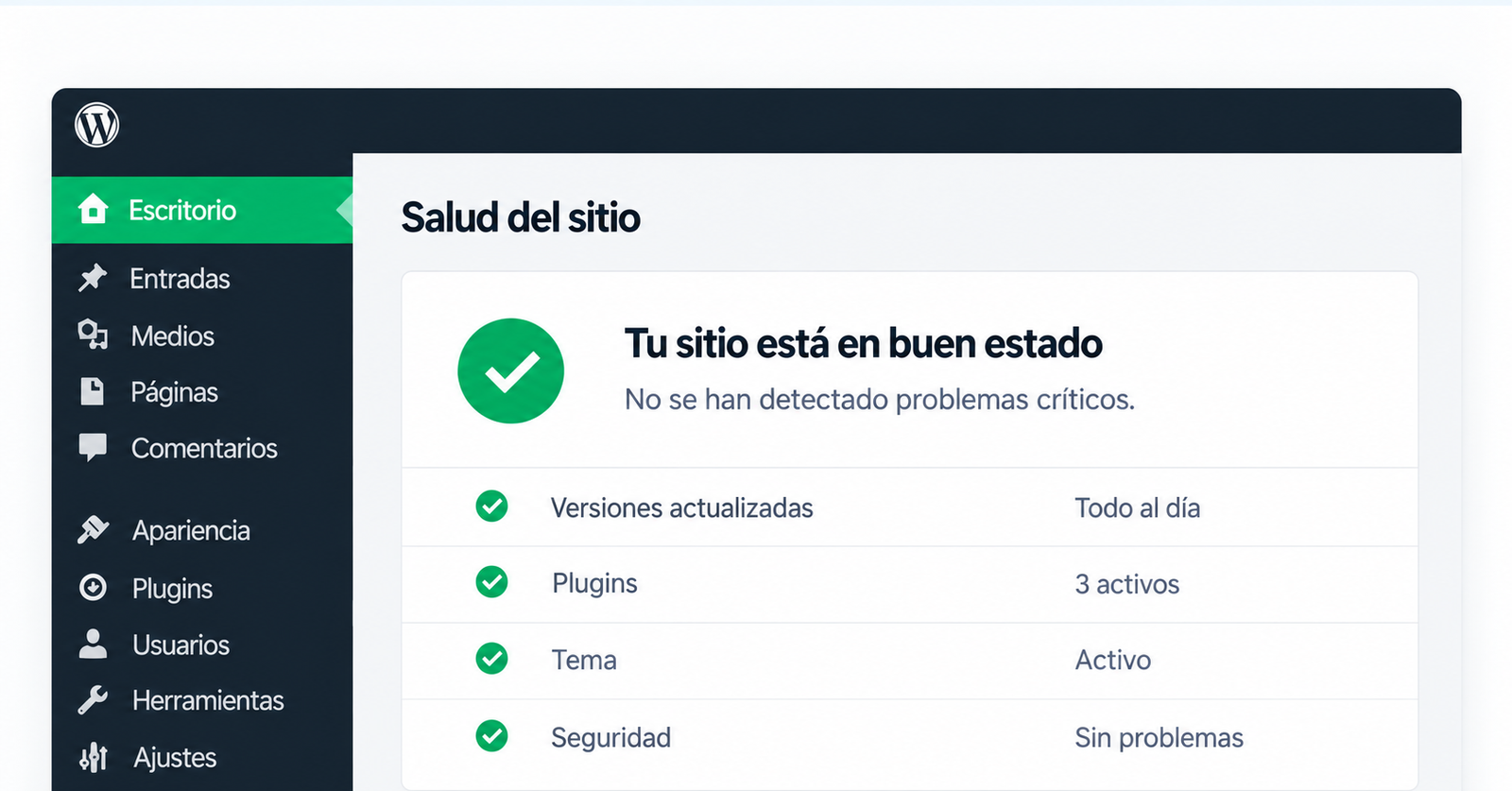 Panel de salud de WordPress con el sitio actualizado y en buen estado