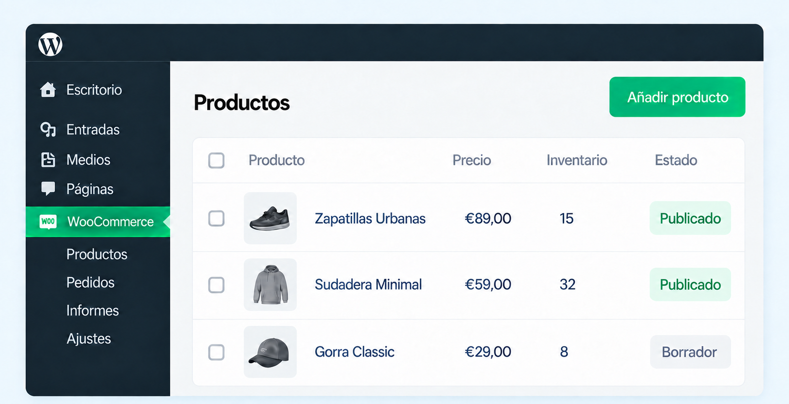 Panel de WooCommerce con productos, inventario, precios y estados